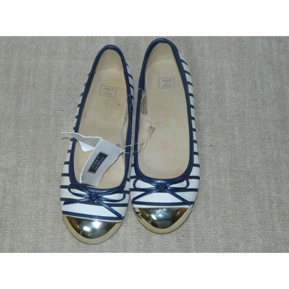Janie and Jack Ballet Flats Size 1 Blue white Striped Gold Toe Metallic Bow